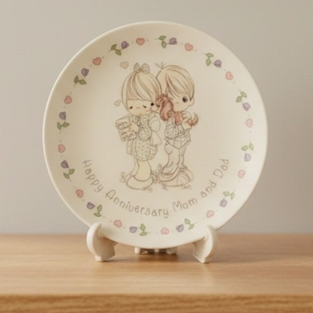 Precious Moments 1990 Happy‎ Anniversary Mom and Dad 4 Inch Plate with Stand